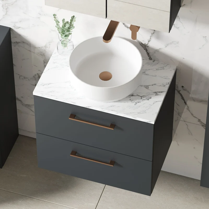 Lana 600mm Wall Hung 2 Drawer Vanity Unit & Carrera Marble Laminate Worktop - Soft Black Satin