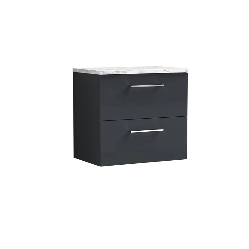 Lana 600mm Wall Hung 2 Drawer Vanity Unit & Carrera Marble Laminate Worktop - Soft Black Satin