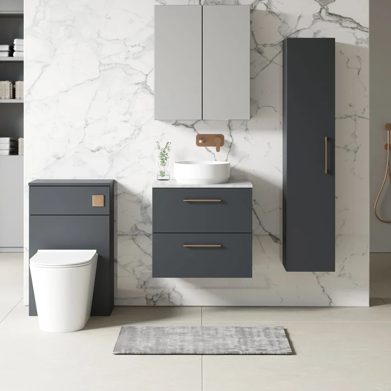 Lana 600mm Wall Hung 2 Drawer Vanity Unit & Bellato Grey Laminate Worktop - Soft Black Satin