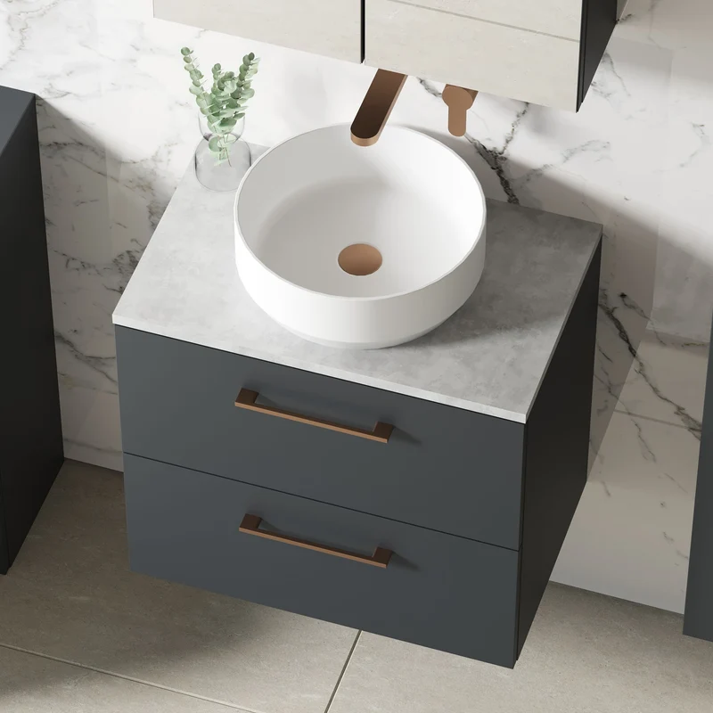 Lana 600mm Wall Hung 2 Drawer Vanity Unit & Bellato Grey Laminate Worktop - Soft Black Satin