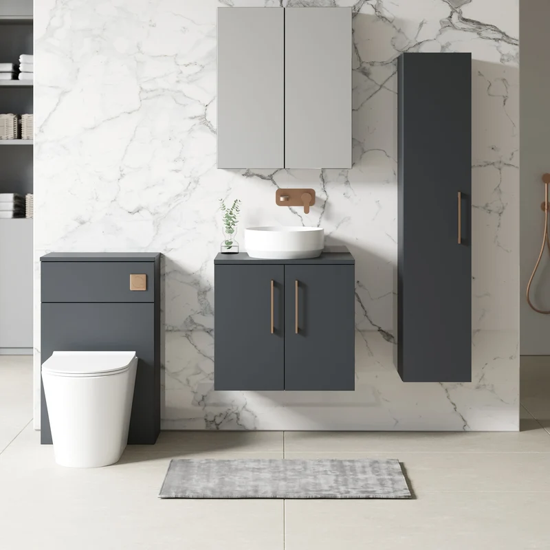 Lana 600mm Wall Hung 2 Door Vanity Unit & Worktop - Soft Black Satin