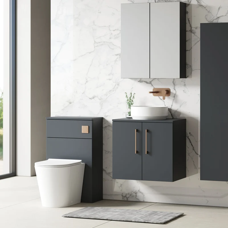 Lana 600mm Wall Hung 2 Door Vanity Unit & Worktop - Soft Black Satin