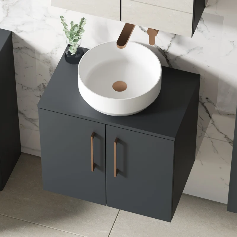 Lana 600mm Wall Hung 2 Door Vanity Unit & Worktop - Soft Black Satin