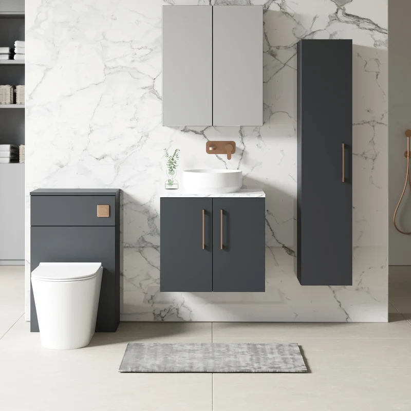 Lana 600mm Wall Hung 2 Door Vanity Unit & Carrera Marble Laminate Worktop - Soft Black Satin