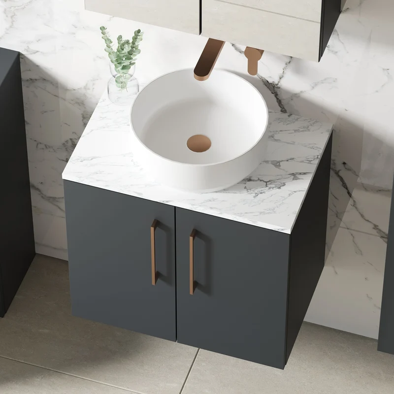 Lana 600mm Wall Hung 2 Door Vanity Unit & Carrera Marble Laminate Worktop - Soft Black Satin