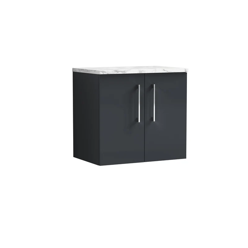 Lana 600mm Wall Hung 2 Door Vanity Unit & Carrera Marble Laminate Worktop - Soft Black Satin