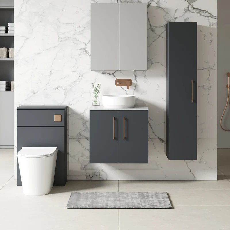 Lana 600mm Wall Hung 2 Door Vanity Unit & Bellato Grey Laminate Worktop - Soft Black Satin