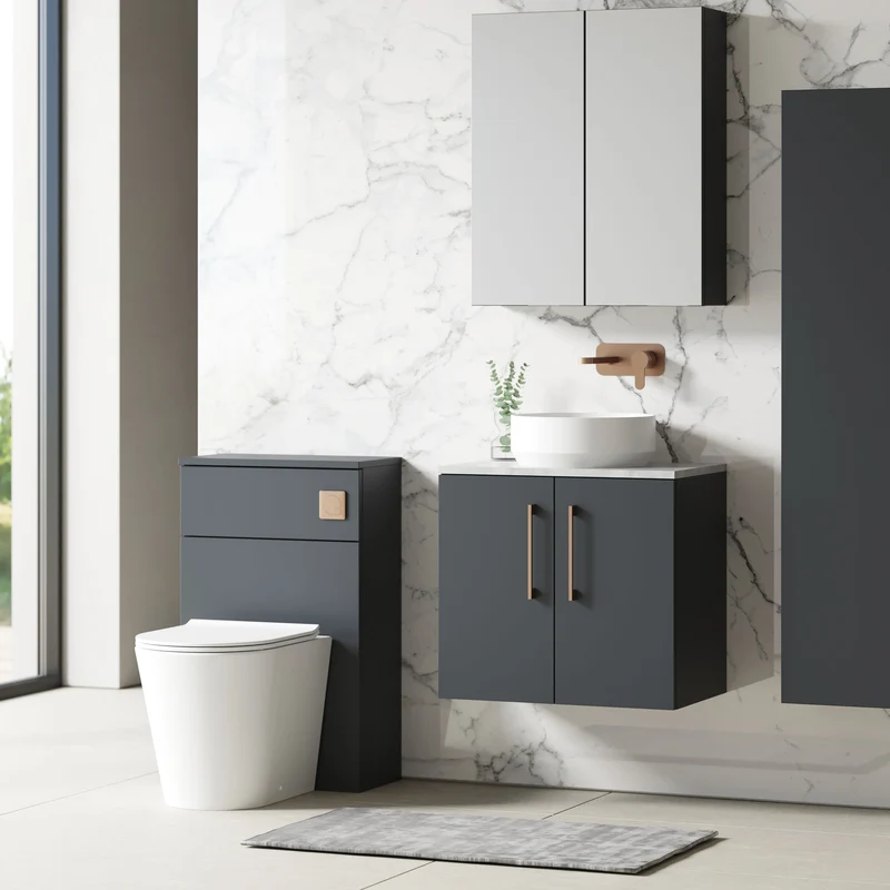 Lana 600mm Wall Hung 2 Door Vanity Unit & Bellato Grey Laminate Worktop - Soft Black Satin
