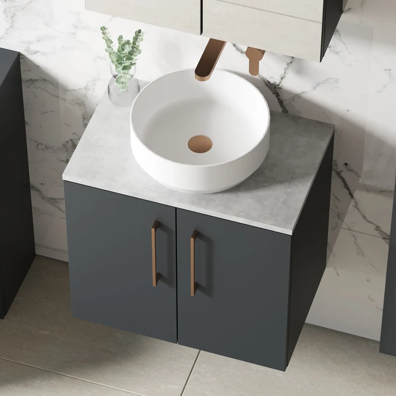 Lana 600mm Wall Hung 2 Door Vanity Unit & Bellato Grey Laminate Worktop - Soft Black Satin