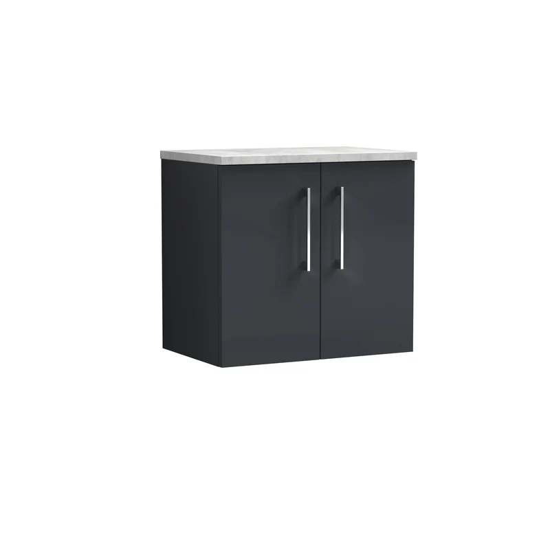 Lana 600mm Wall Hung 2 Door Vanity Unit & Bellato Grey Laminate Worktop - Soft Black Satin