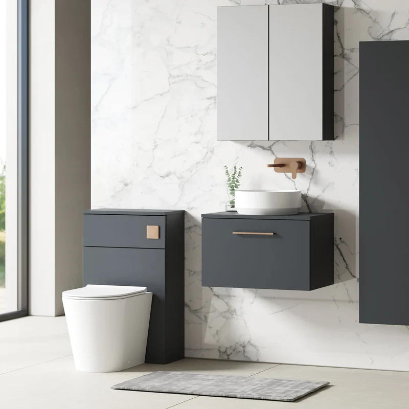 Lana 600mm Wall Hung 1 Drawer Vanity Unit & Worktop - Soft Black Satin
