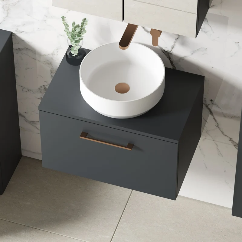 Lana 600mm Wall Hung 1 Drawer Vanity Unit & Worktop - Soft Black Satin