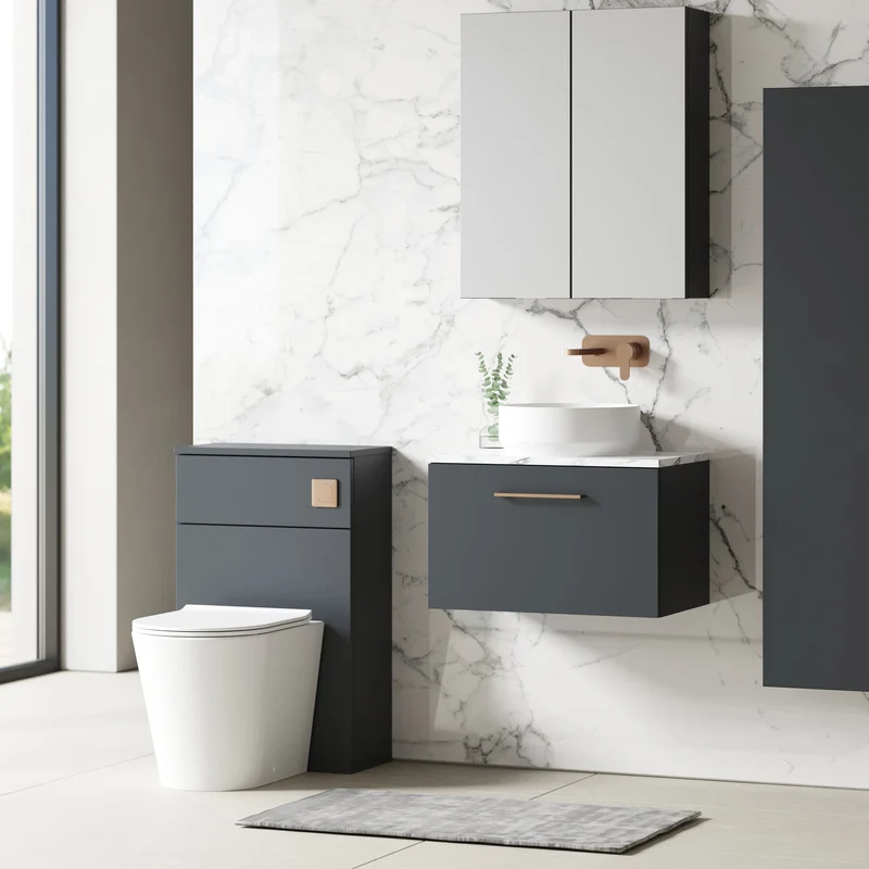 Lana 600mm Wall Hung 1 Drawer Vanity Unit & Carrera Marble Laminate Worktop - Soft Black Satin