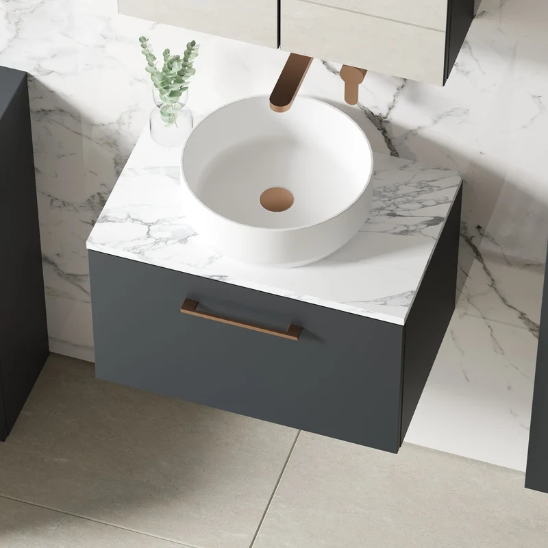 Lana 600mm Wall Hung 1 Drawer Vanity Unit & Carrera Marble Laminate Worktop - Soft Black Satin