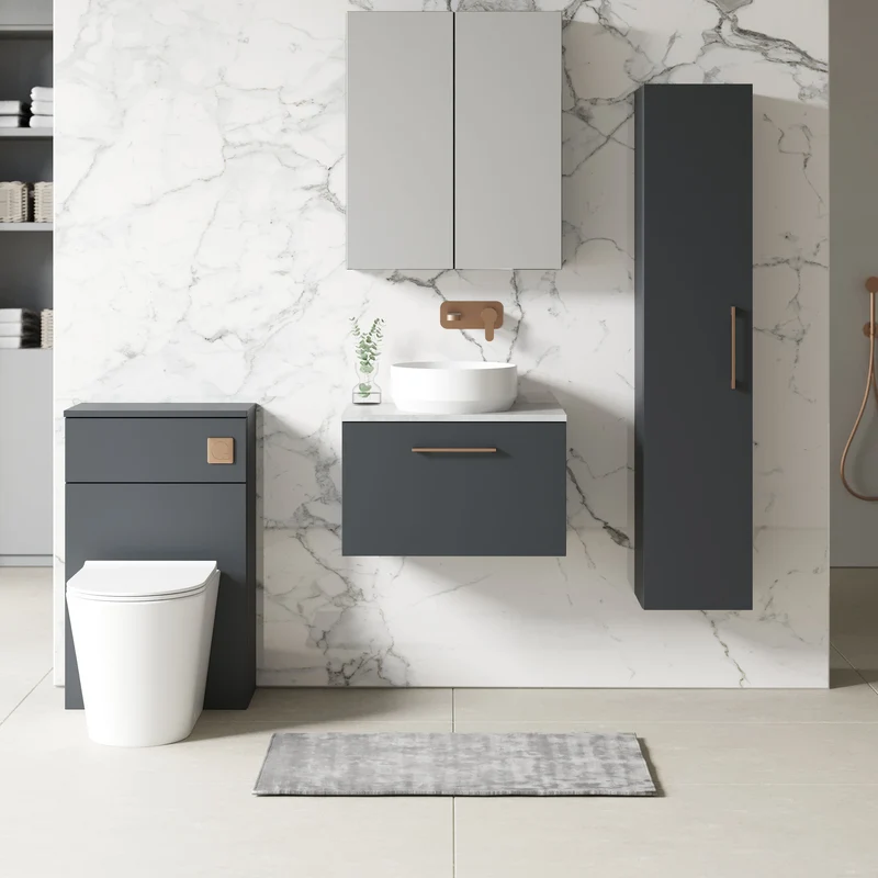 Lana 600mm Wall Hung 1 Drawer Vanity Unit & Bellato Grey Laminate Worktop - Soft Black Satin