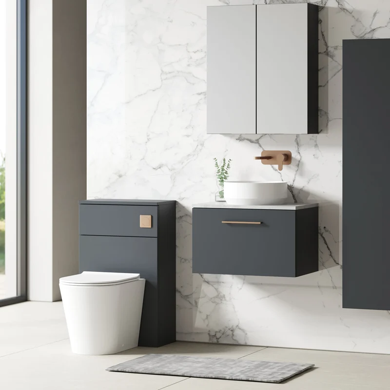 Lana 600mm Wall Hung 1 Drawer Vanity Unit & Bellato Grey Laminate Worktop - Soft Black Satin