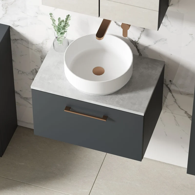 Lana 600mm Wall Hung 1 Drawer Vanity Unit & Bellato Grey Laminate Worktop - Soft Black Satin