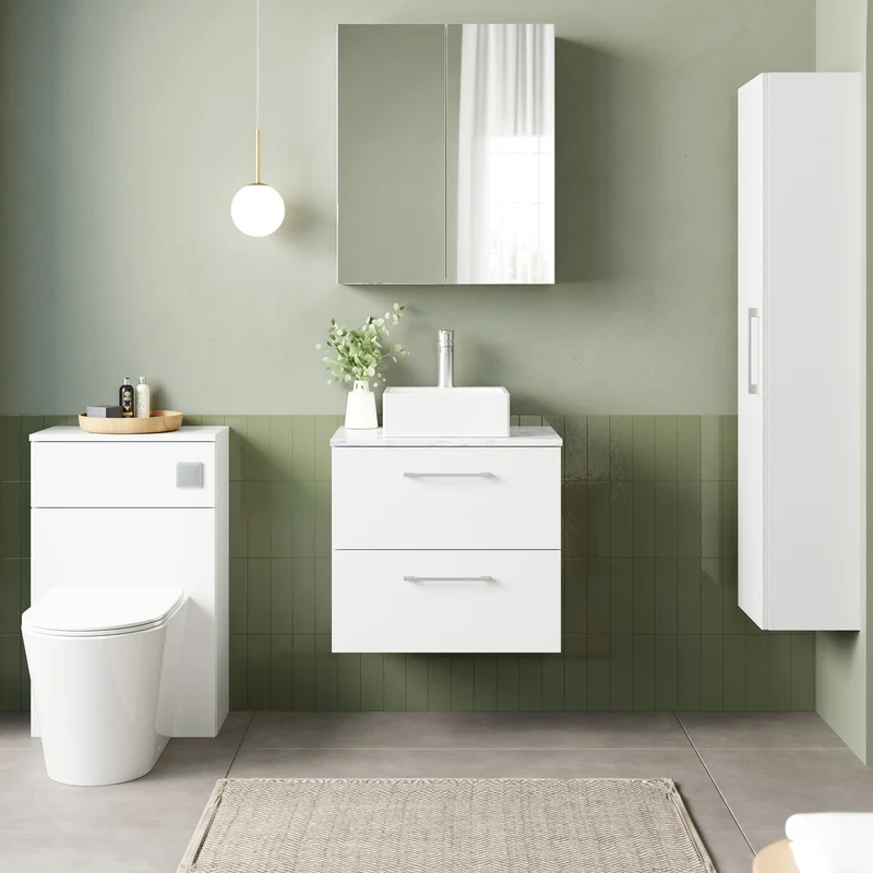 Lana 600mm Wall Hung 2 Drawer Vanity Unit & Carrera Marble Laminate Worktop - White Gloss