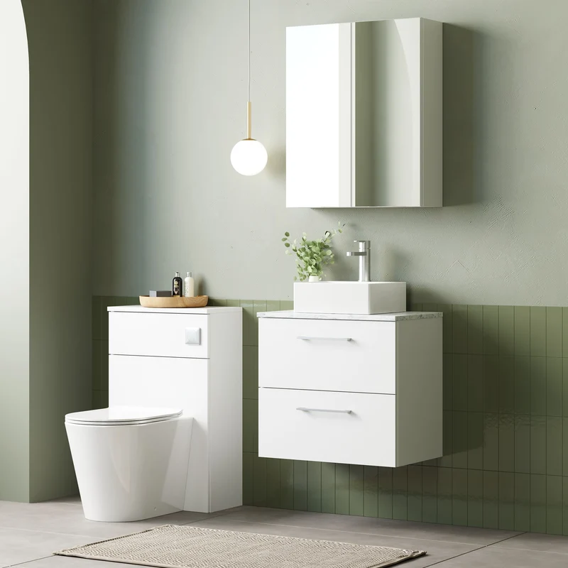 Lana 600mm Wall Hung 2 Drawer Vanity Unit & Carrera Marble Laminate Worktop - White Gloss