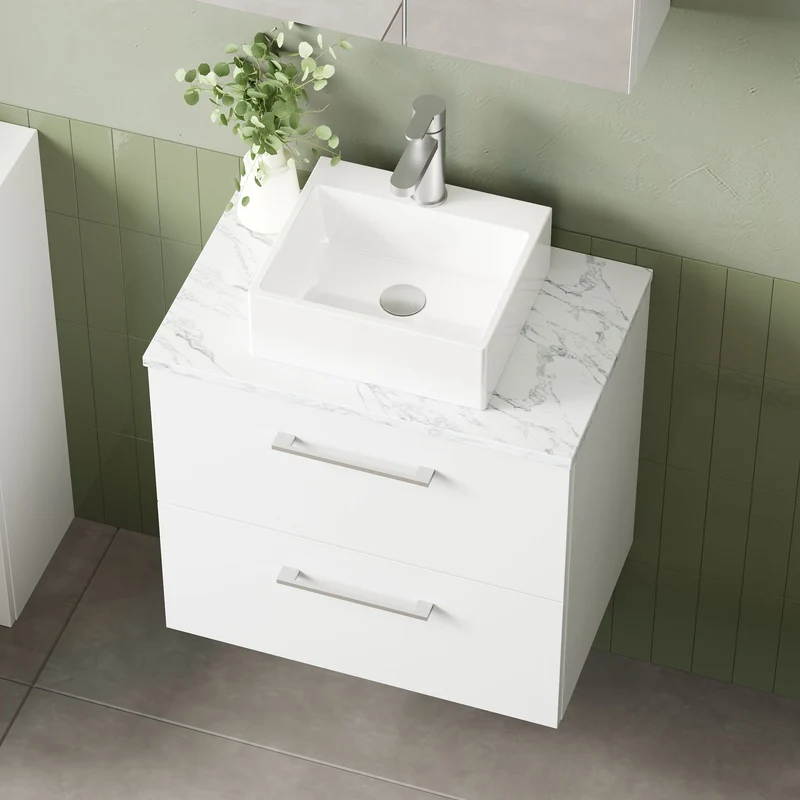 Lana 600mm Wall Hung 2 Drawer Vanity Unit & Carrera Marble Laminate Worktop - White Gloss