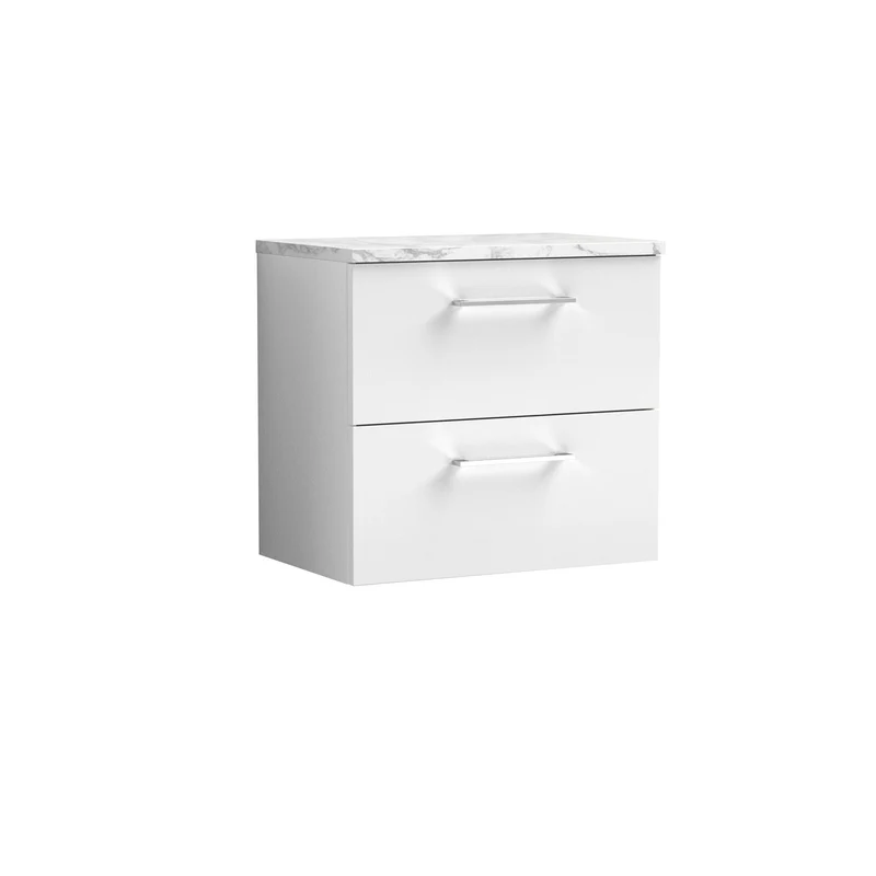 Lana 600mm Wall Hung 2 Drawer Vanity Unit & Carrera Marble Laminate Worktop - White Gloss