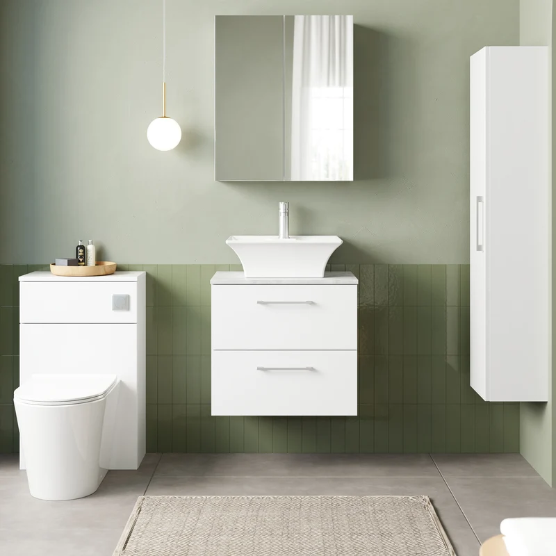 Lana 600mm Wall Hung 2 Drawer Vanity Unit & Bellato Grey Laminate Worktop - White Gloss
