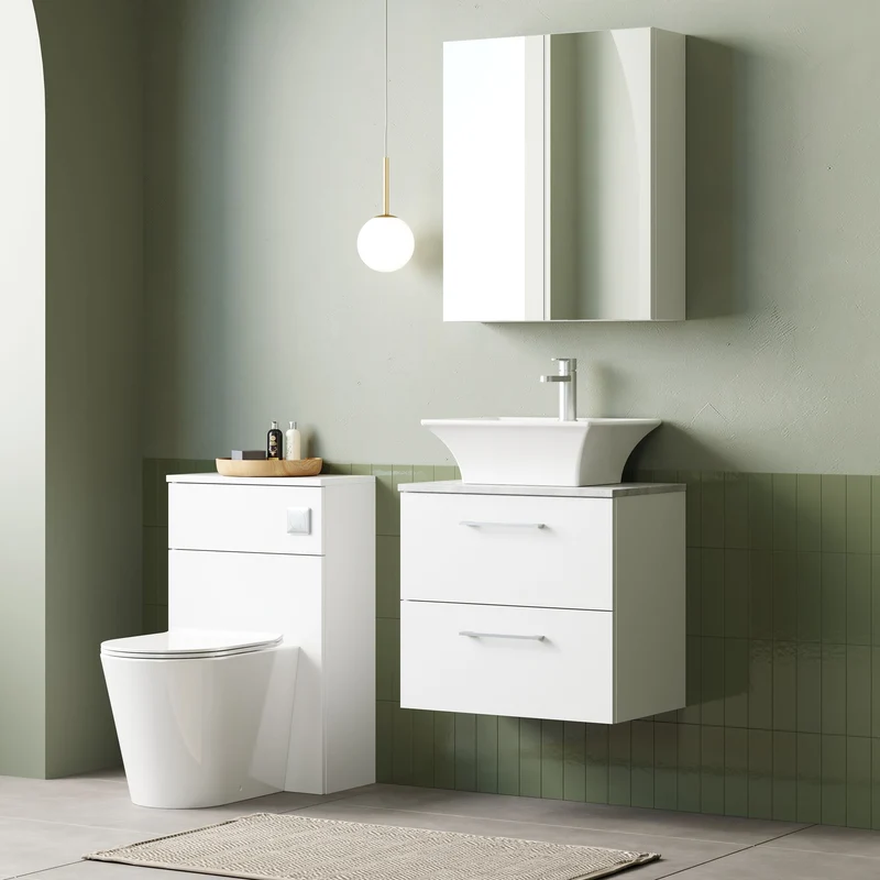 Lana 600mm Wall Hung 2 Drawer Vanity Unit & Bellato Grey Laminate Worktop - White Gloss
