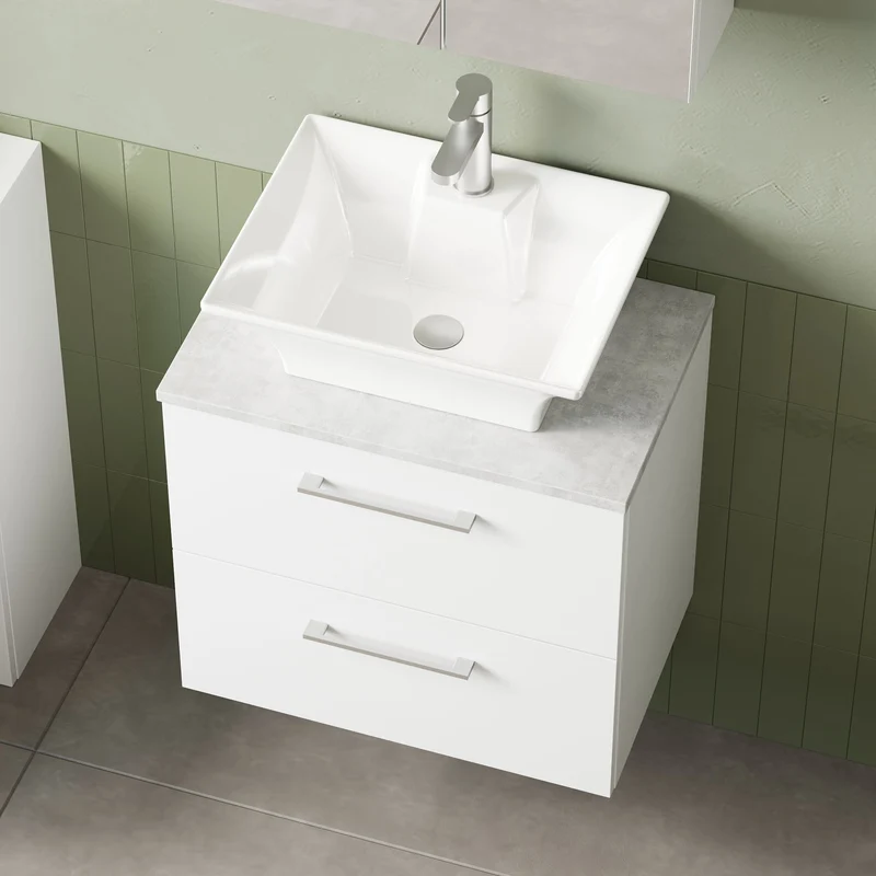 Lana 600mm Wall Hung 2 Drawer Vanity Unit & Bellato Grey Laminate Worktop - White Gloss