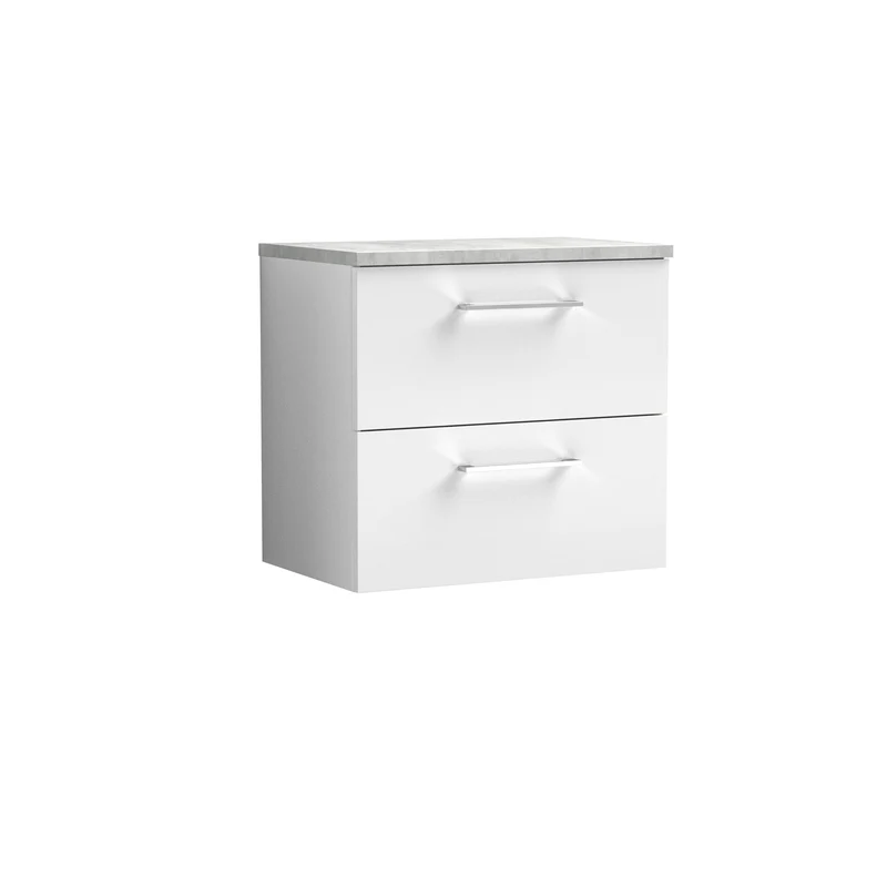 Lana 600mm Wall Hung 2 Drawer Vanity Unit & Bellato Grey Laminate Worktop - White Gloss