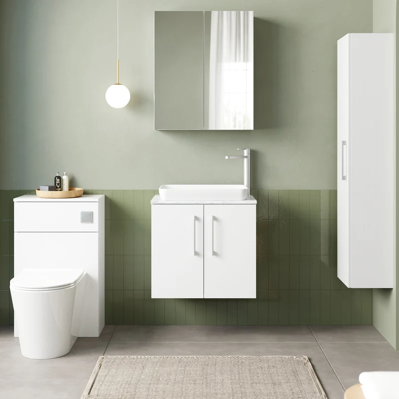 Lana 600mm Wall Hung 2 Door Vanity Unit & Carrera Marble Laminate Worktop - White Gloss