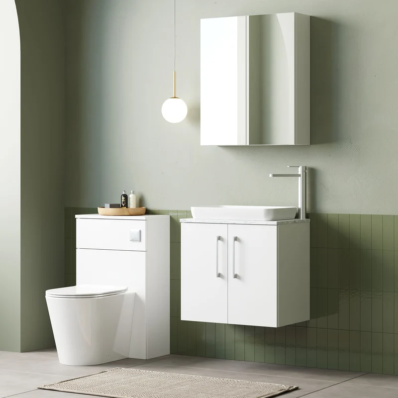 Lana 600mm Wall Hung 2 Door Vanity Unit & Carrera Marble Laminate Worktop - White Gloss