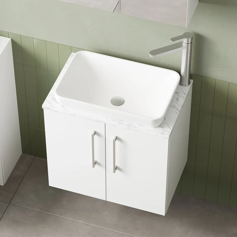 Lana 600mm Wall Hung 2 Door Vanity Unit & Carrera Marble Laminate Worktop - White Gloss