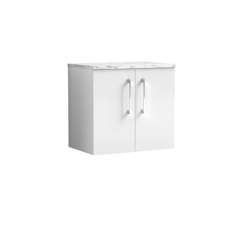 Lana 600mm Wall Hung 2 Door Vanity Unit & Carrera Marble Laminate Worktop - White Gloss