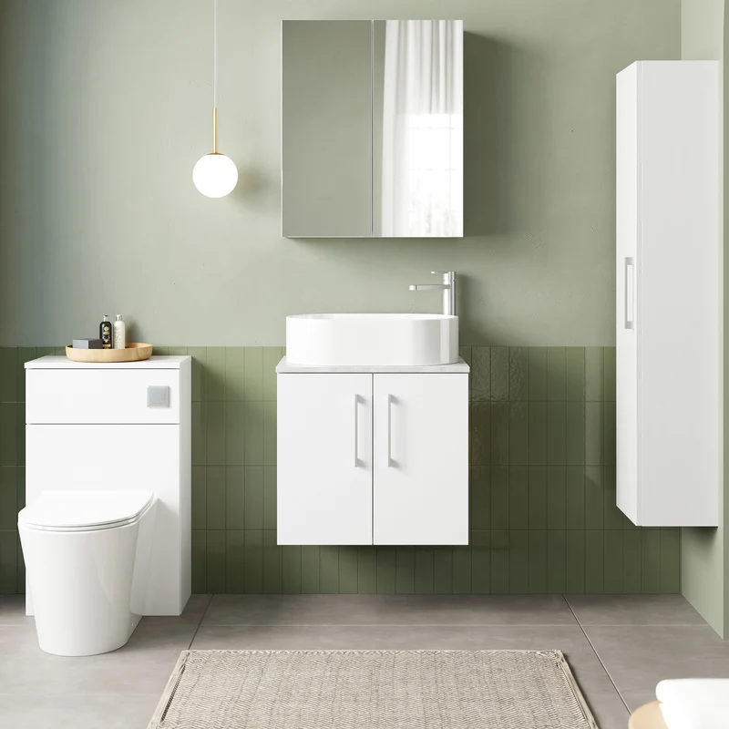 Lana 600mm Wall Hung 2 Door Vanity Unit & Bellato Grey Laminate Worktop - White Gloss