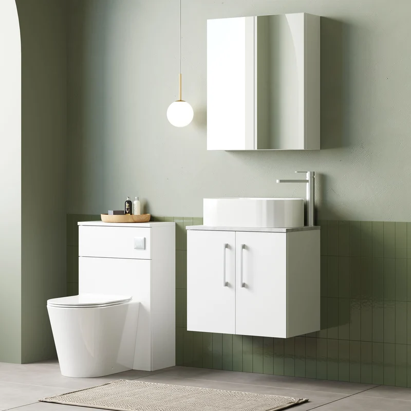 Lana 600mm Wall Hung 2 Door Vanity Unit & Bellato Grey Laminate Worktop - White Gloss
