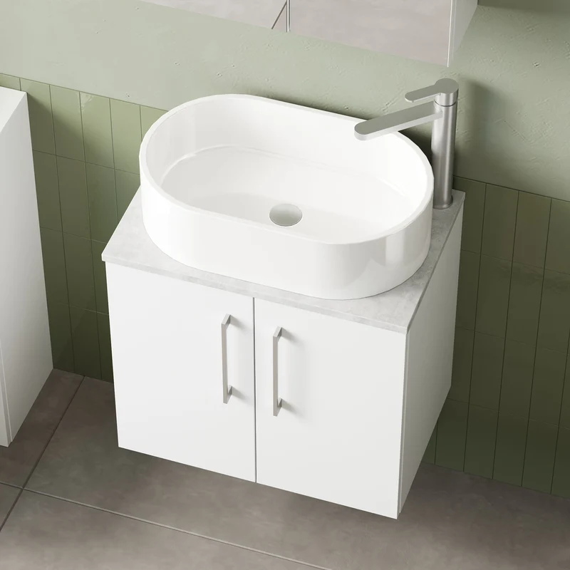 Lana 600mm Wall Hung 2 Door Vanity Unit & Bellato Grey Laminate Worktop - White Gloss