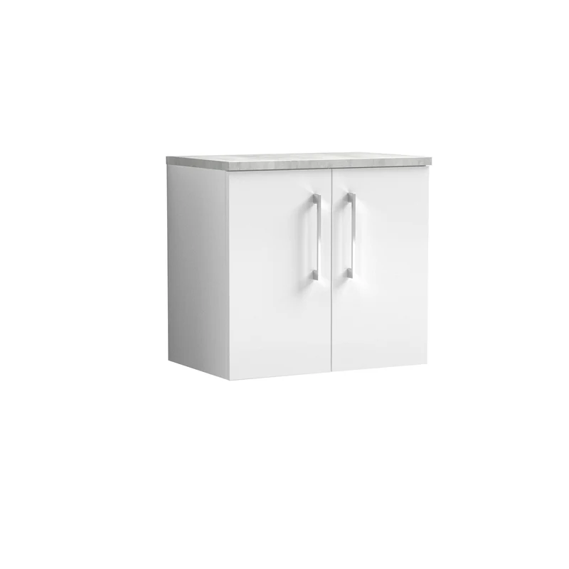 Lana 600mm Wall Hung 2 Door Vanity Unit & Bellato Grey Laminate Worktop - White Gloss