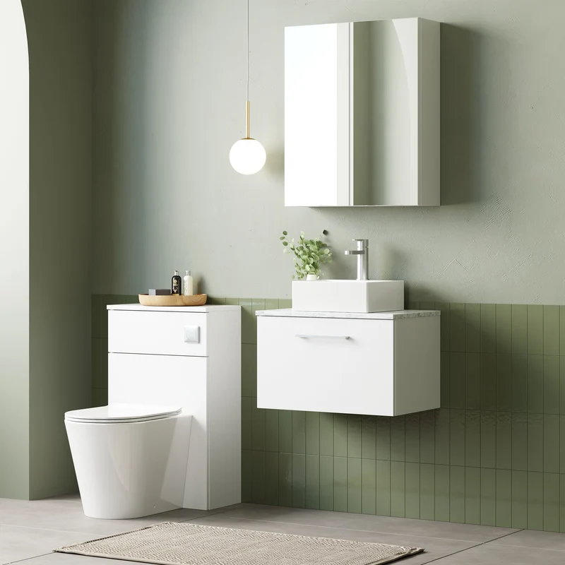 Lana 600mm Wall Hung 1 Drawer Vanity Unit & Carrera Marble Laminate Worktop - White Gloss