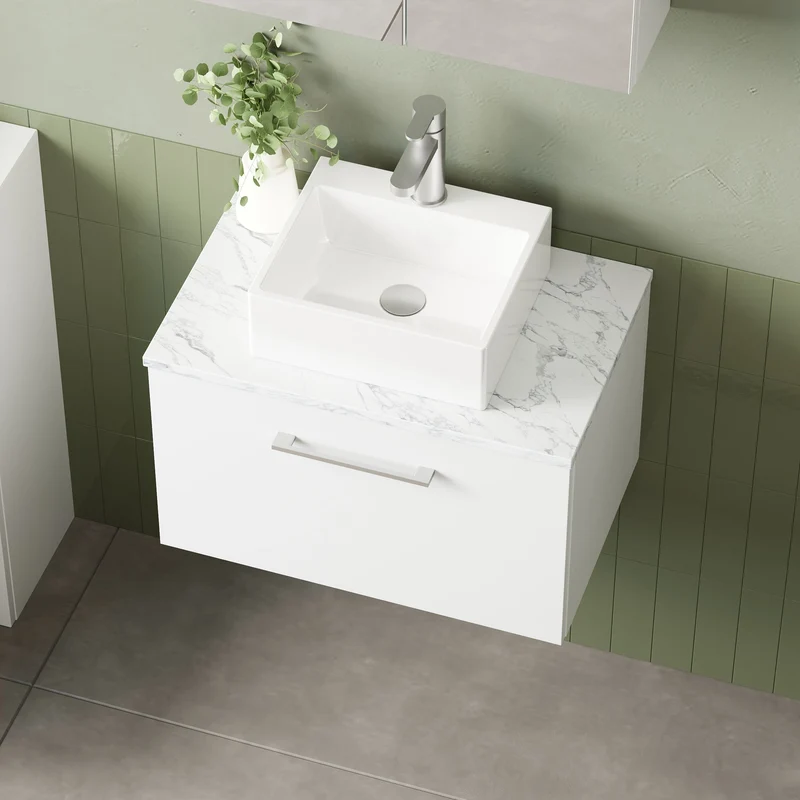 Lana 600mm Wall Hung 1 Drawer Vanity Unit & Carrera Marble Laminate Worktop - White Gloss