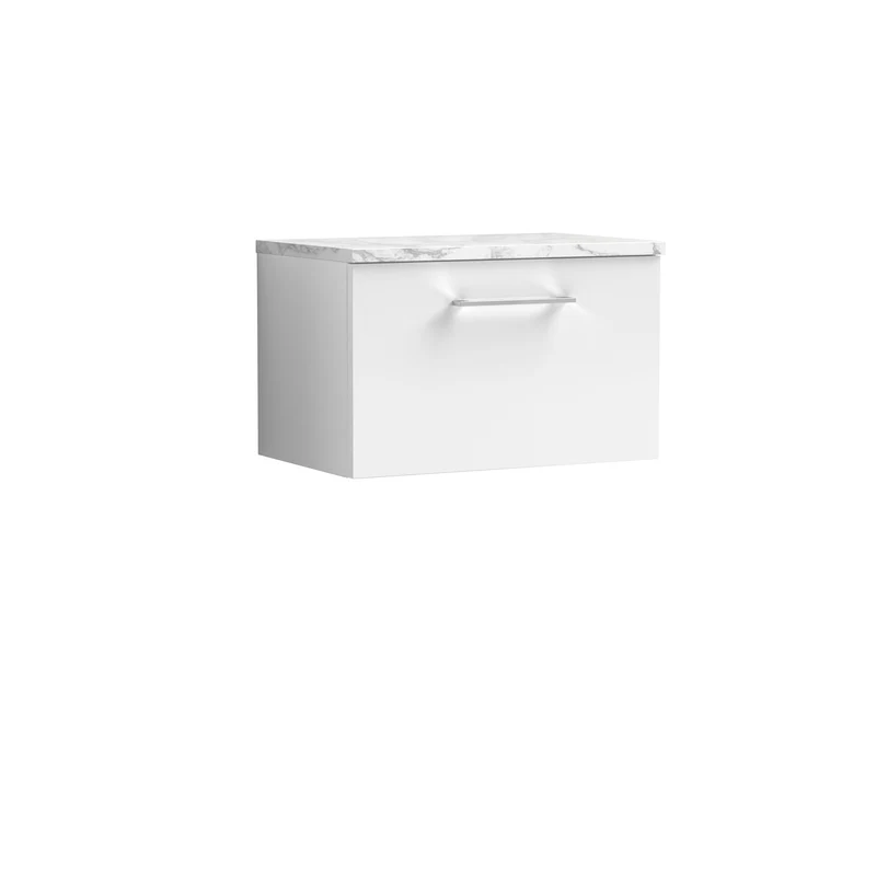 Lana 600mm Wall Hung 1 Drawer Vanity Unit & Carrera Marble Laminate Worktop - White Gloss