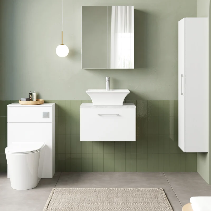 Lana 600mm Wall Hung 1 Drawer Vanity Unit & Bellato Grey Laminate Worktop - White Gloss