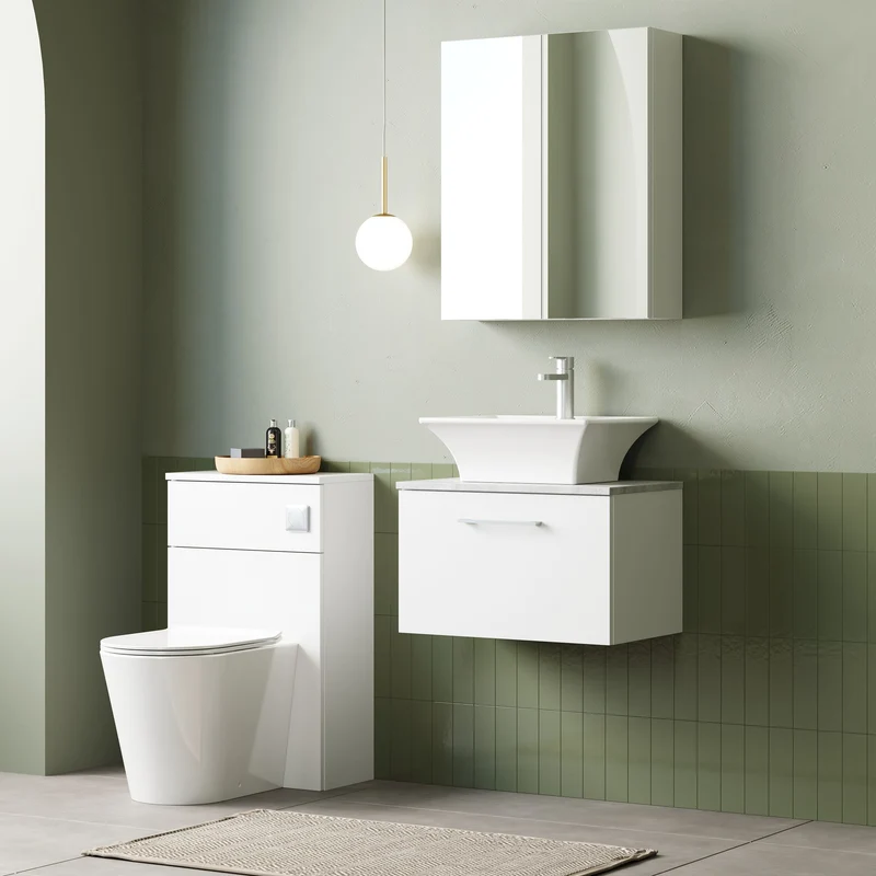 Lana 600mm Wall Hung 1 Drawer Vanity Unit & Bellato Grey Laminate Worktop - White Gloss
