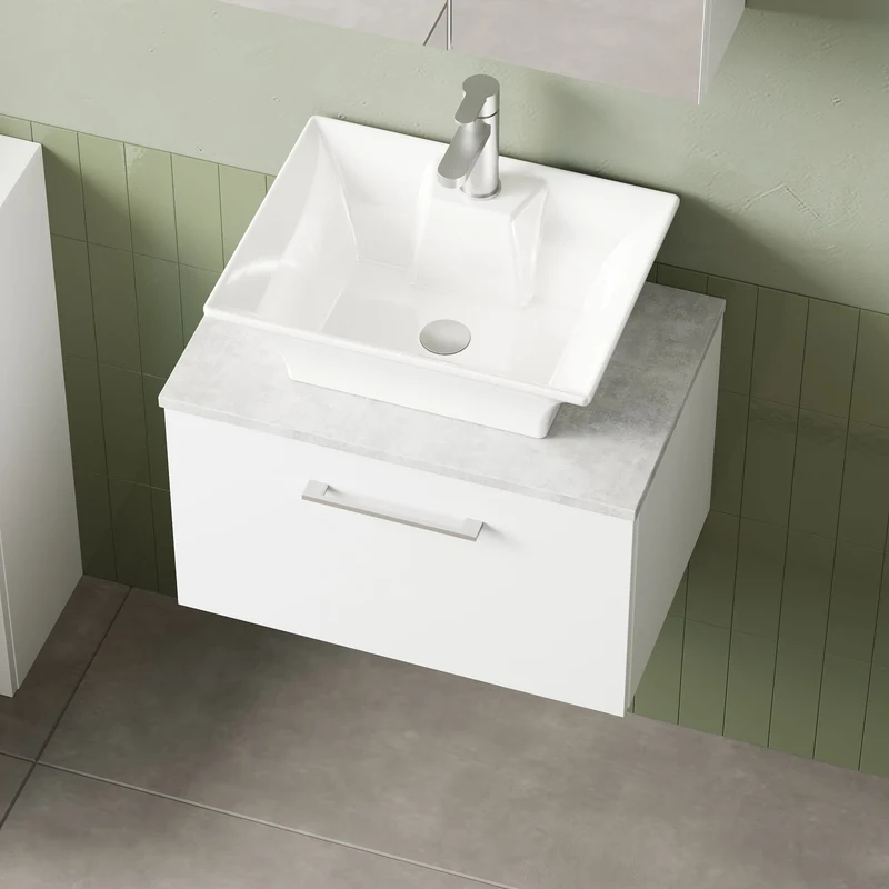 Lana 600mm Wall Hung 1 Drawer Vanity Unit & Bellato Grey Laminate Worktop - White Gloss