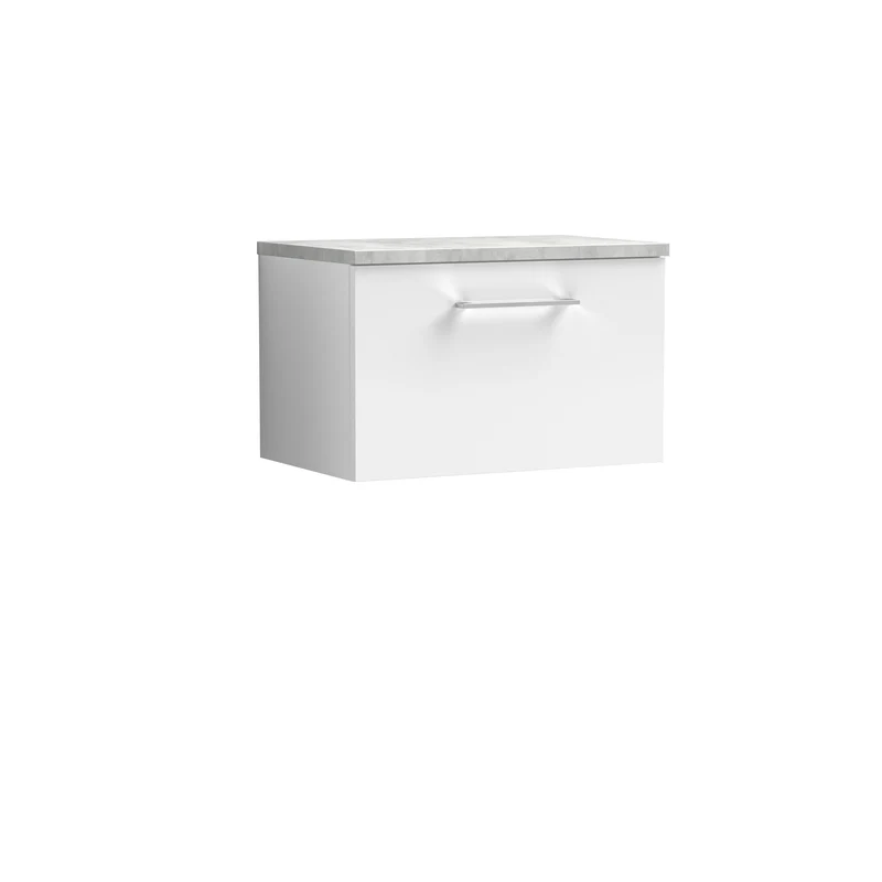 Lana 600mm Wall Hung 1 Drawer Vanity Unit & Bellato Grey Laminate Worktop - White Gloss