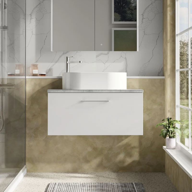 Lana 800mm Wall Hung Single Drawer Vanity Unit & Bellato Grey Laminate Worktop - White Gloss