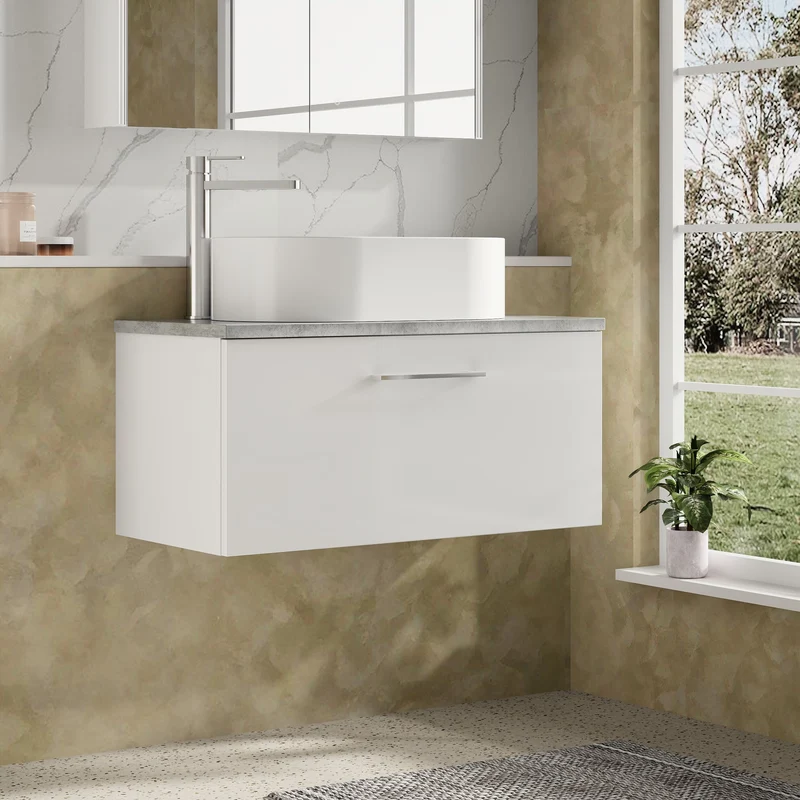 Lana 800mm Wall Hung Single Drawer Vanity Unit & Bellato Grey Laminate Worktop - White Gloss