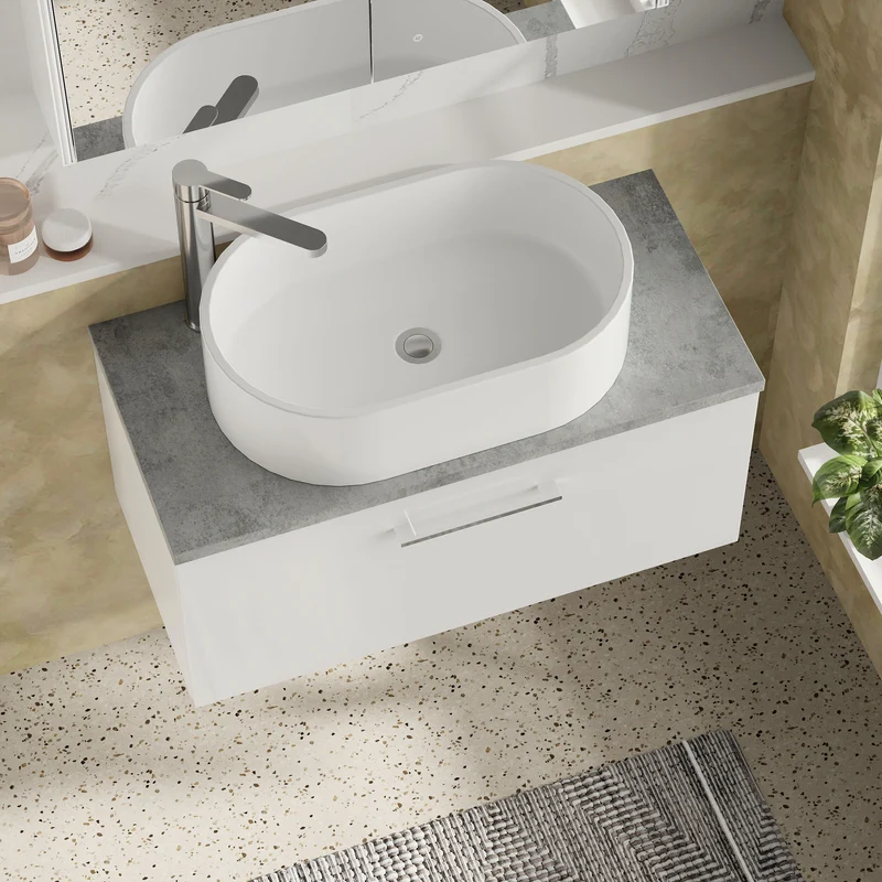 Lana 800mm Wall Hung Single Drawer Vanity Unit & Bellato Grey Laminate Worktop - White Gloss