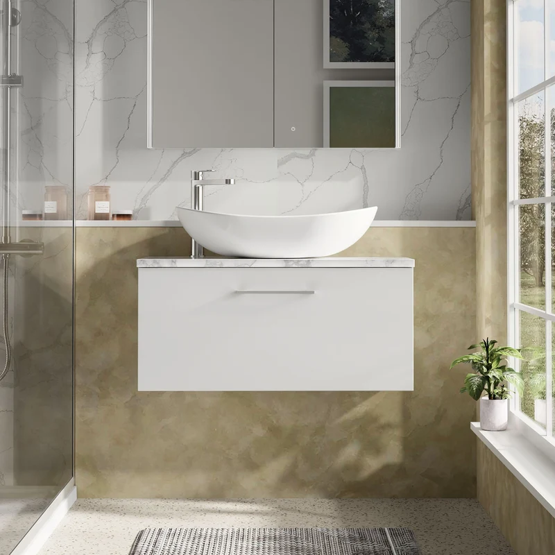 Lana 800mm Wall Hung 1 Drawer Vanity Unit & Carrera Marble Laminate Worktop - White Gloss