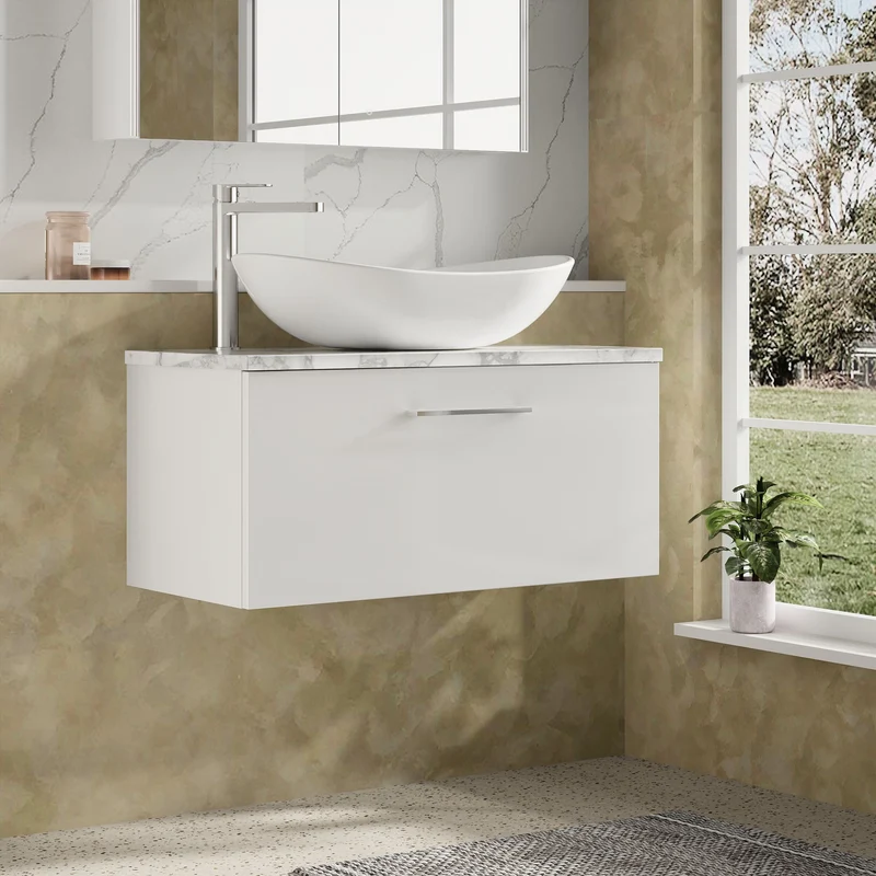 Lana 800mm Wall Hung 1 Drawer Vanity Unit & Carrera Marble Laminate Worktop - White Gloss