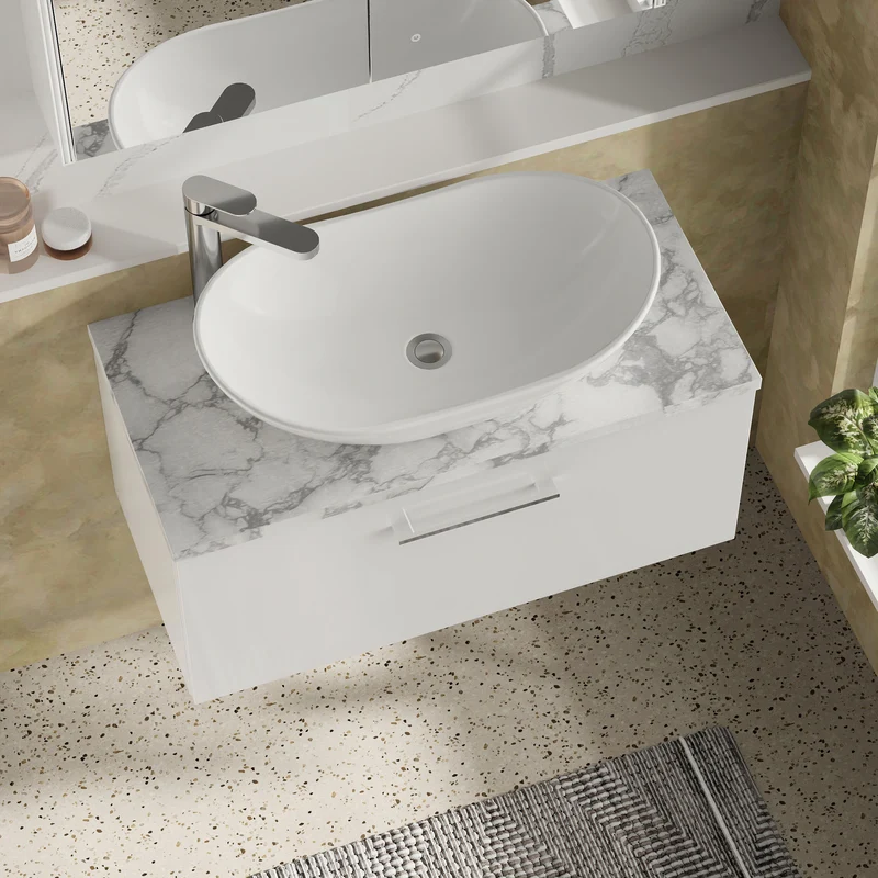 Lana 800mm Wall Hung 1 Drawer Vanity Unit & Carrera Marble Laminate Worktop - White Gloss